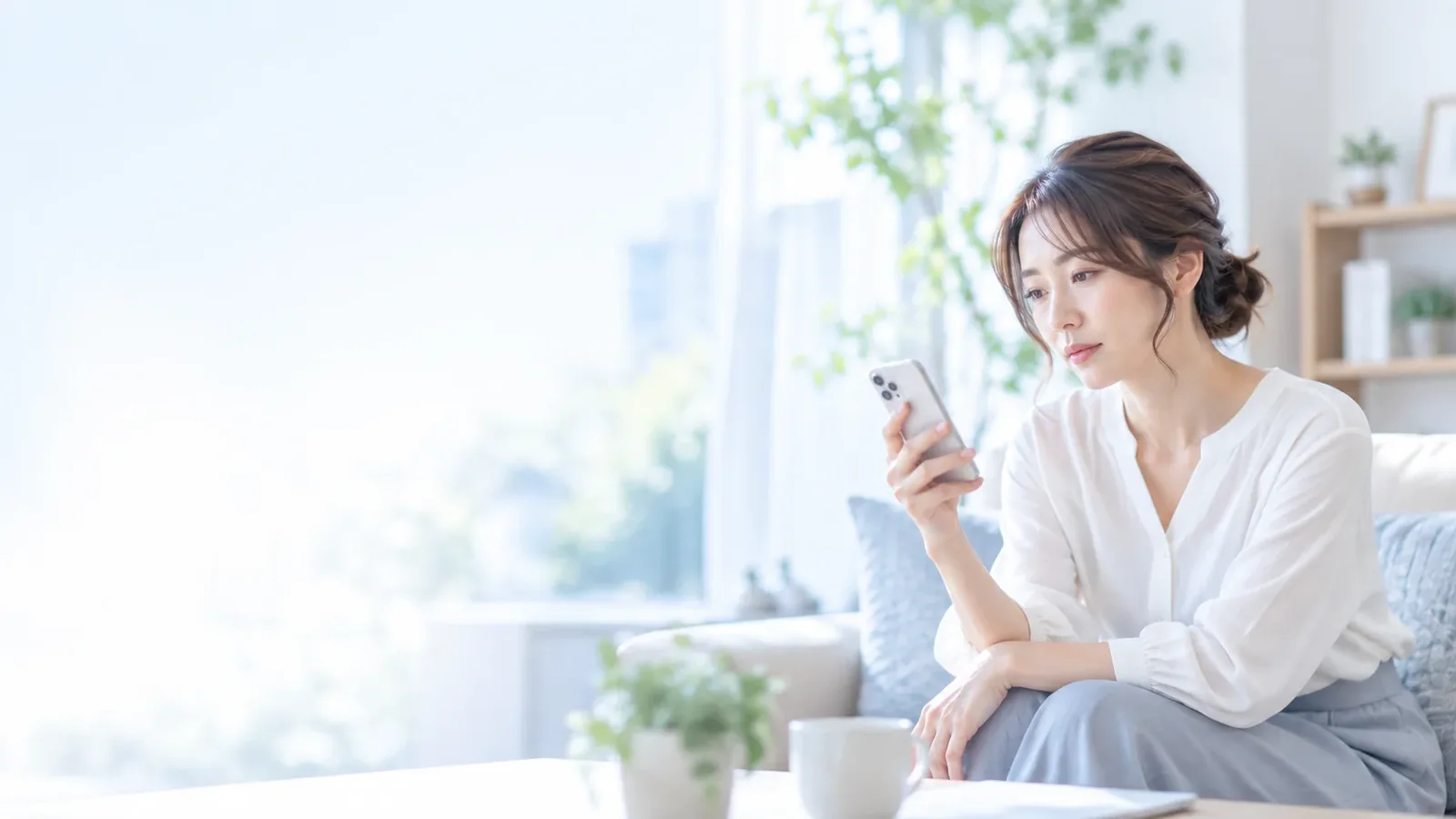 浮気を疑いスマートフォンを手に考える女性