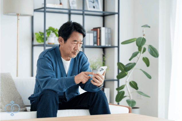 妻が突然帰ってこず、スマホを見つめて連絡を確認している中年男性の画像。家出か失踪か判断できず不安を抱えている様子を表現。