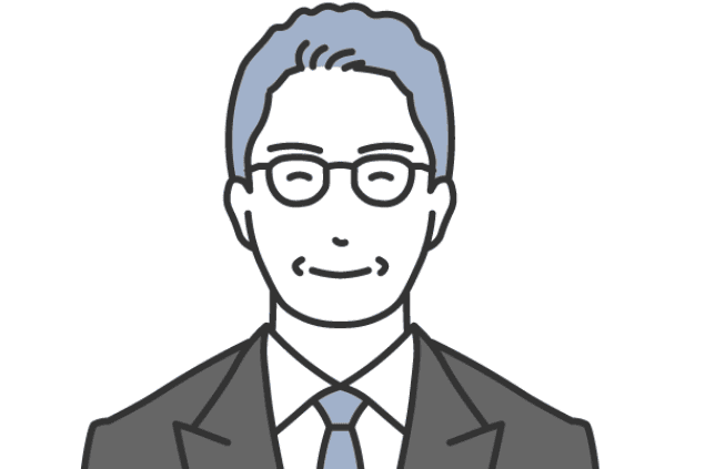 スーツ姿で笑顔の中年男性イラスト。探偵への相談後に解決を得た相談者のイメージとして使用。