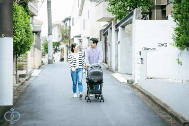 住宅街をベビーカーを押しながら歩く男女の写真。探偵の身辺調査で判明した既婚者男性の家族の存在を表す画像。