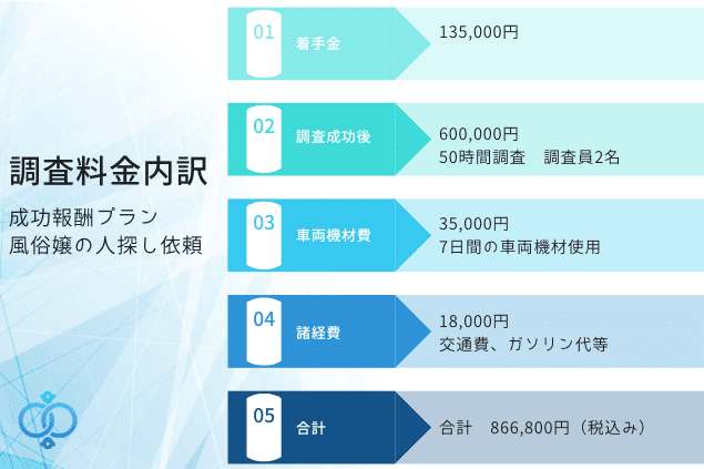 風俗嬢の人探し依頼にかかる成功報酬プランの調査料金内訳。着手金・成功時報酬・車両費・諸経費を含む合計866,800円(税込)の費用事例。