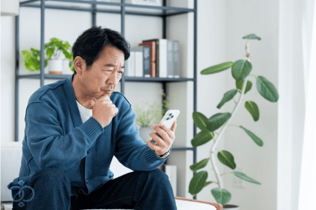 スマホを見つめて不安そうに考え込む男性の画像。風俗嬢に貸したお金が返済日に返されず、その後連絡が取れなくなった状況を表現。