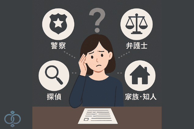 脅迫状への対応に悩む女性が、警察・弁護士・探偵・家族の相談先を思い浮かべているイラスト。各相談先の役割を検討している様子を表現。