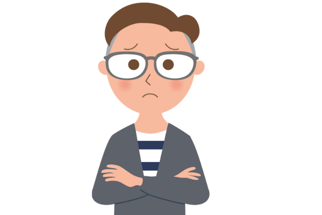 結婚詐欺の被害に悩む男性をイメージした、腕組みをして不安そうに考えている人物アイコン。