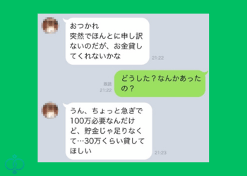 LINEでお金を貸してほしいと連絡が来ているトーク画面の画像