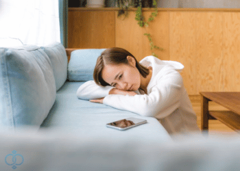 携帯を見つめる若い女性
