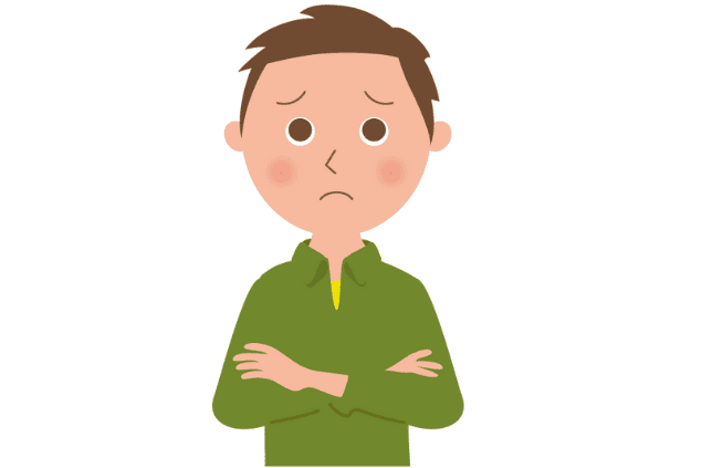 腕を組んで不安そうな表情の男性のイラスト。妻が怪しい宗教にのめり込んだ素行調査の相談事例のアイコン画像。