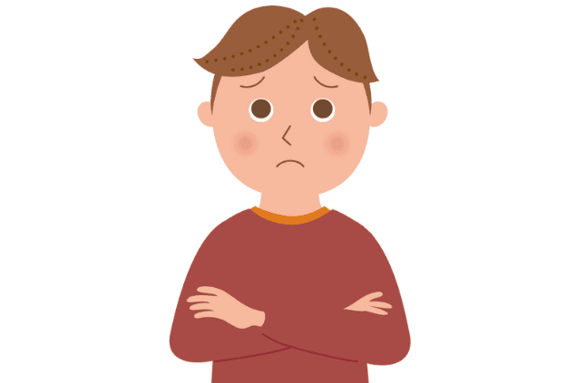 腕を組んで悩んでいる男性のイラスト。風俗で働いていた妻の素行調査の相談事例のアイコン画像。