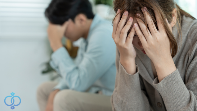 頭を抱えるカップル