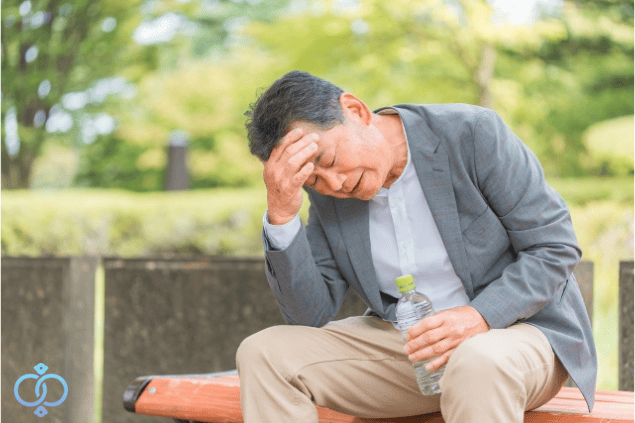 公園のベンチで頭を抱える中年男性。経済的に困っている様子をイメージした画像