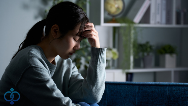 頭を抱え悩む女性