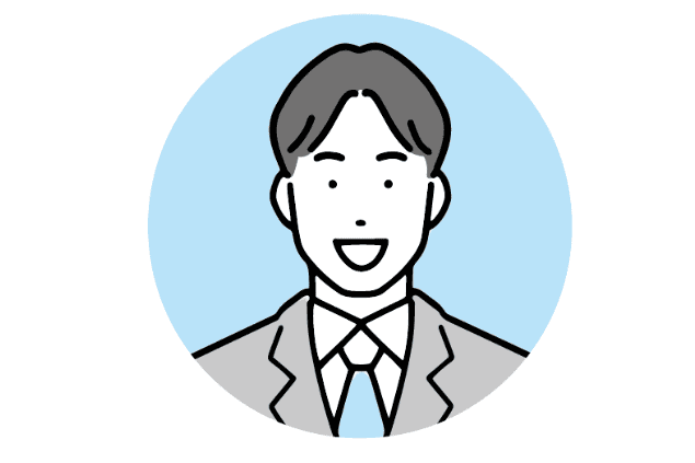 スーツ姿で笑顔の男性イラスト画像、相談員岡田のイメージプロフィール画像