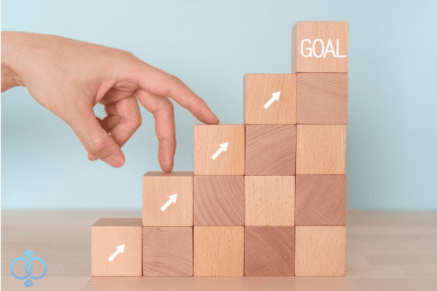 積み上げた木のブロックを指で一段ずつ上がっていく様子。最上段にはGOALと書かれたブロック