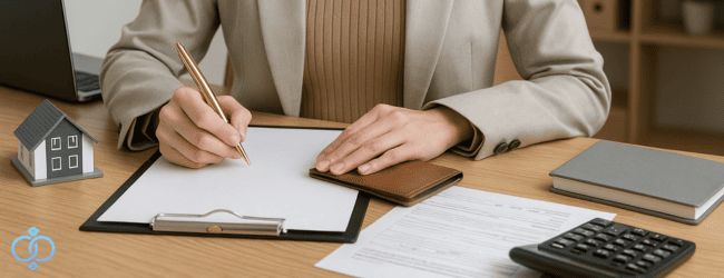 書類や電卓を前に慰謝料請求の準備を進める女性の手元。