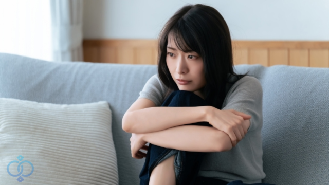 膝を抱えている女性