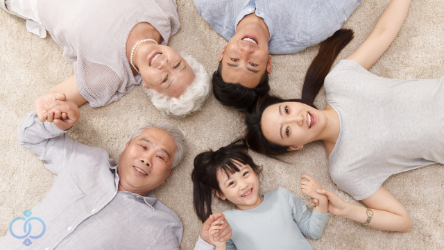 家族が円状に寝っ転がっている