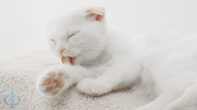 毛づくろいする白い猫