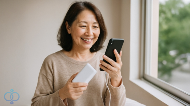 笑顔でスマホを見る中高年女性