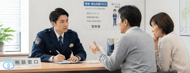 警察官に対して家族が失踪について相談している様子。状況を説明しながら対応方法を確認している場面。