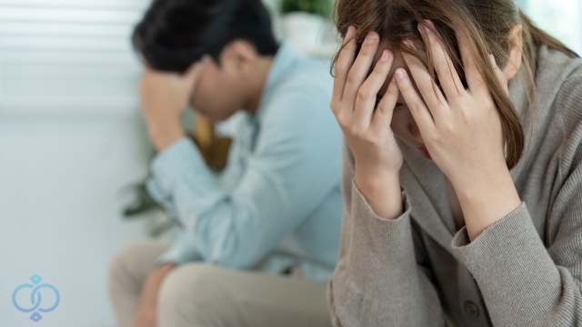 頭を抱えるカップル