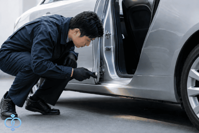 GPSが隠されやすい車の場所として、ドア周辺や車体下部を確認する調査員のイメージ