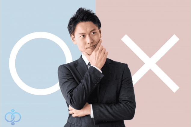 企業調査でわかることとできないことについて、〇と×を背景に判断するビジネス担当者の様子。