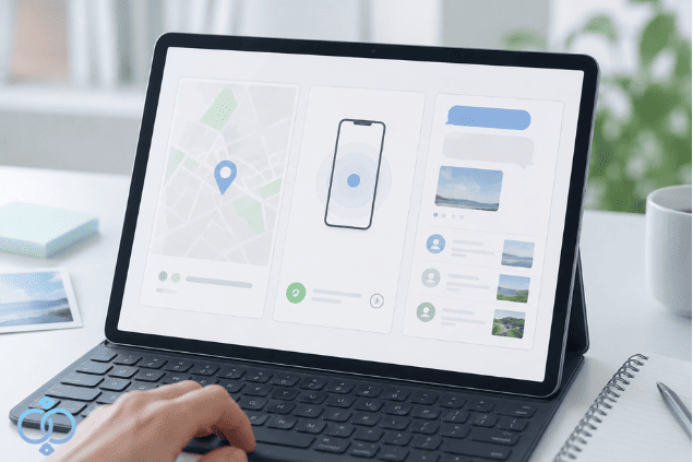 位置情報アプリ、端末の場所、SNS投稿などで見える情報の違いをタブレット画面で比較しているイメージ