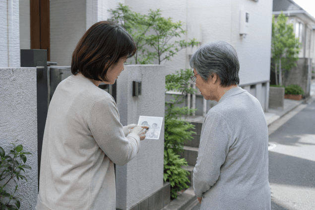 認知症の家族の写真を近隣住民に見せ、捜索への協力を求める女性
