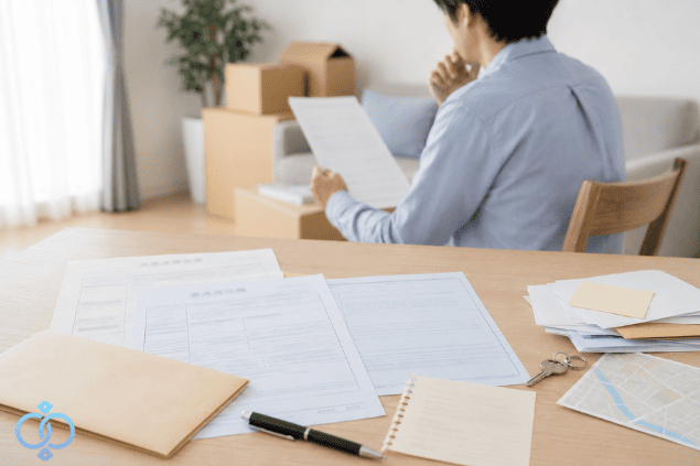 住民票などの書類を見ながら、記載された住所と現在の居場所の違いを確認する人