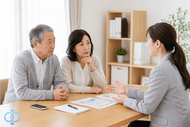 息子の所在や生活状況について、相談員に落ち着いて相談する親世代の夫婦