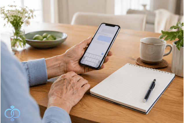 息子に返しやすいメッセージを送る前に、スマートフォンとメモを見ながら考える親の手元