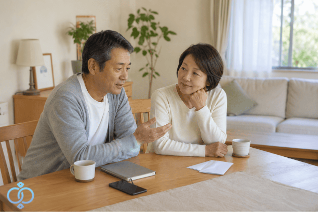 息子の居場所が分かったあと、連絡の仕方について落ち着いて話し合う親世代の夫婦