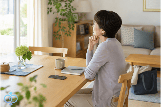 息子から返信がない理由を決めつけず、窓辺で静かに考える親世代の女性