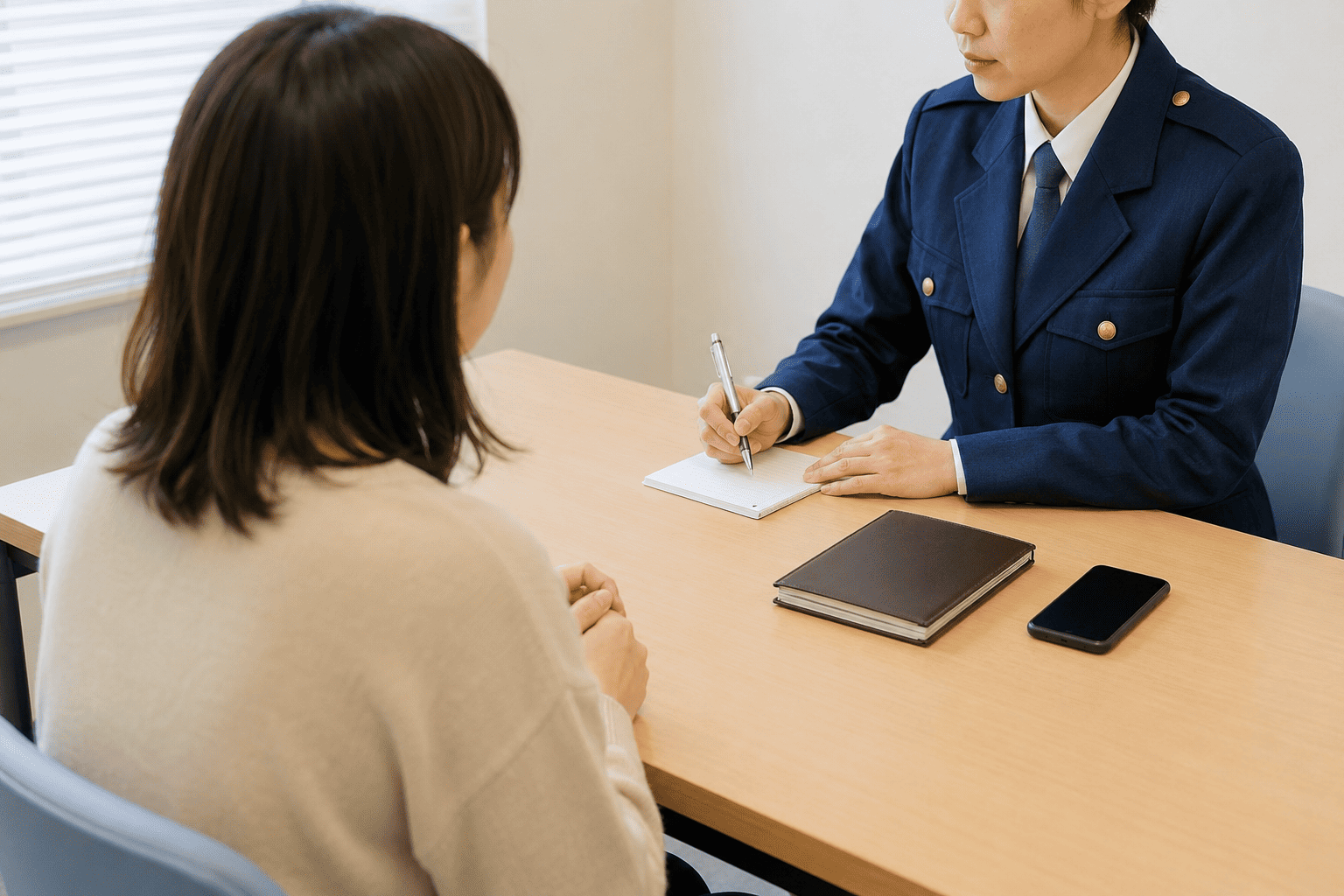 ストーカー被害について警察官へ相談する女性