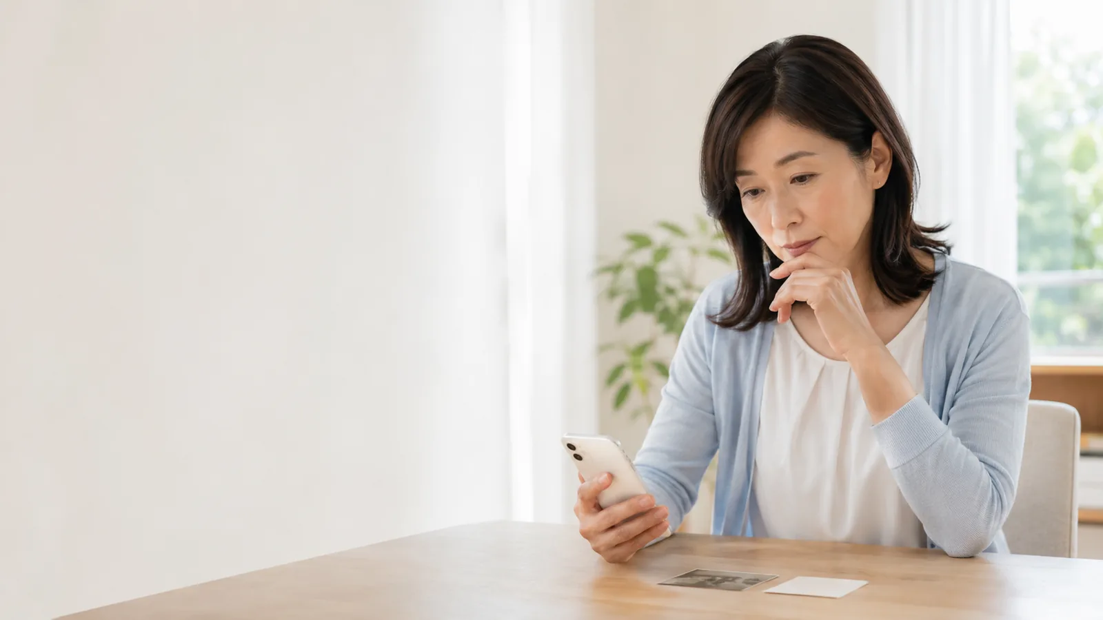 連絡が取れない方について手元の写真やスマートフォンを確認する女性
