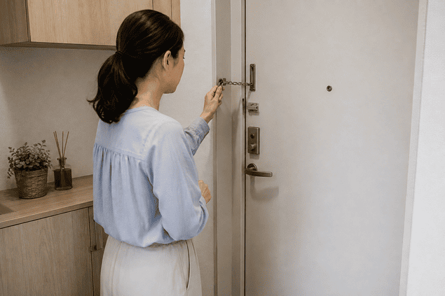 近所の嫌がらせで安全を優先し玄関のドアチェーンを確認する女性