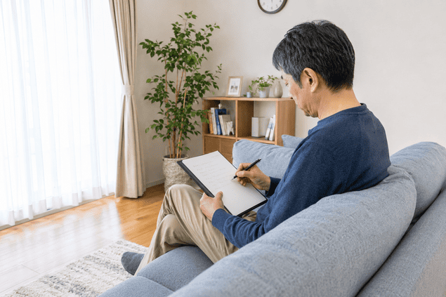 近所の嫌がらせについて覚えている出来事を書き出す男性