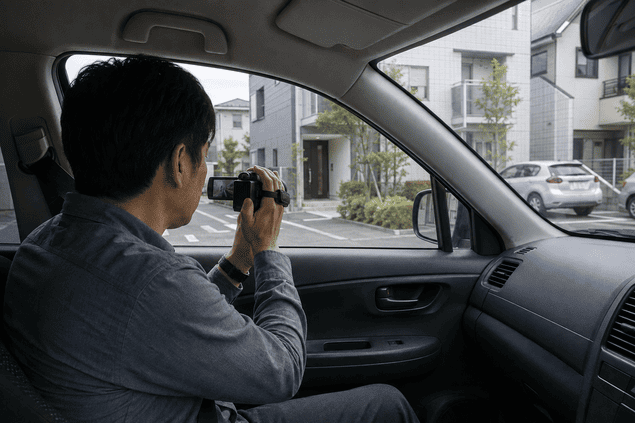 近所の嫌がらせの証拠を車内から撮影する探偵