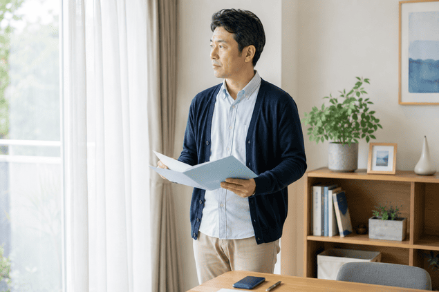 お金を貸した相手の所在や返済請求について、整理した資料を手に次の対応を考える男性