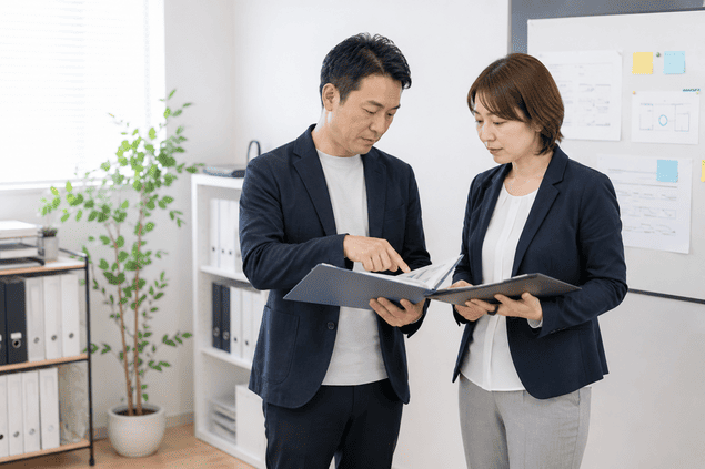 お金を貸した相手の人探しについて調査方針を確認する福一調査会の調査員