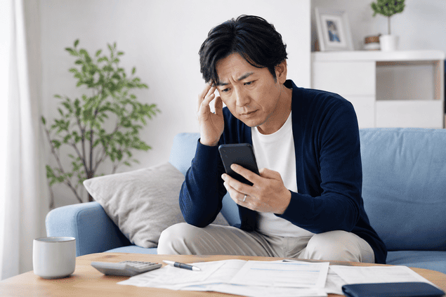 自宅でスマートフォンを確認しながら不安を感じる夫