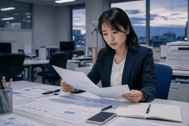 夕方のオフィスで営業資料を確認する生保レディ