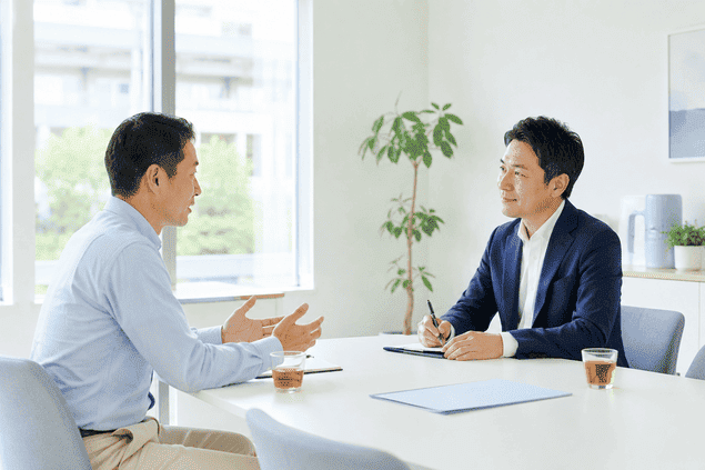 明るい相談室で探偵事務所の相談員に状況を話す男性