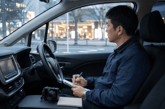 車内から対象者の行動を確認して記録する調査員