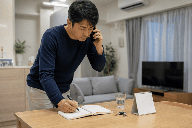 妻の安否を確かめるため電話をかけながら情報を書き留める夫