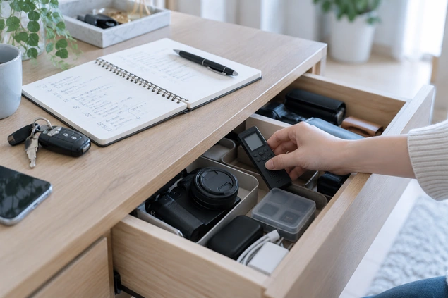 浮気調査に使うICレコーダーやカメラなどを比較している様子