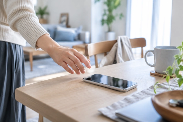 他人のスマートフォンに触れる前に立ち止まるイメージ