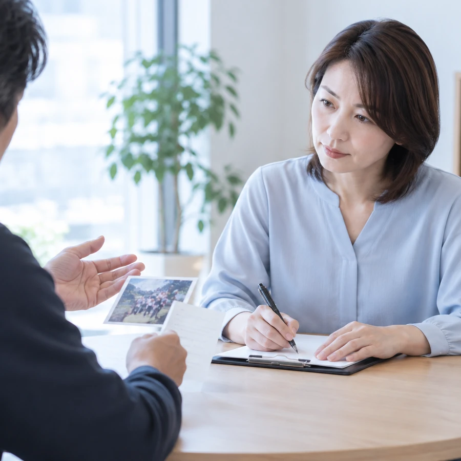 人探しについて相談者の話を聞きながら内容を記録する福一調査会の相談員