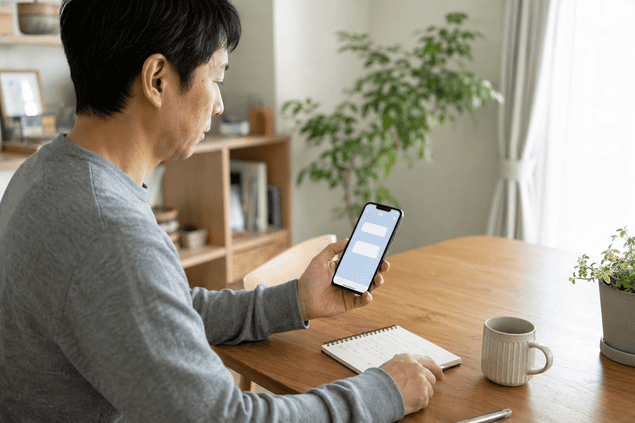 人探し掲示板で届いた情報をメモと照らし合わせる男性