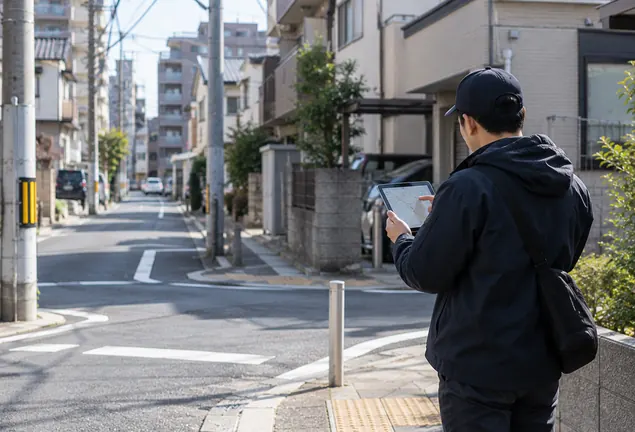 住所特定調査の現場で住宅街の地図を確認する調査スタッフのイメージ